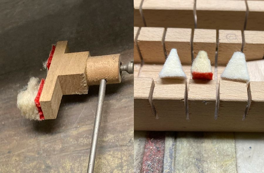 写真左：修復前のダンパーフェルト。写真右：適合する既成部品がないため、すべて福田が採寸して自作して修復